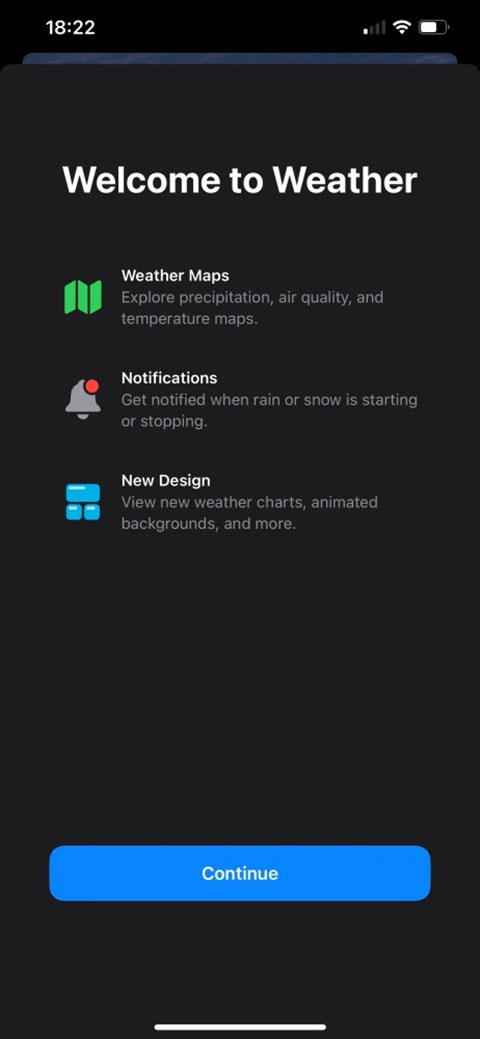 صفحه خوش‌آمد اپلیکیشن Weather در دومین نسخه آزمایشی iOS 15