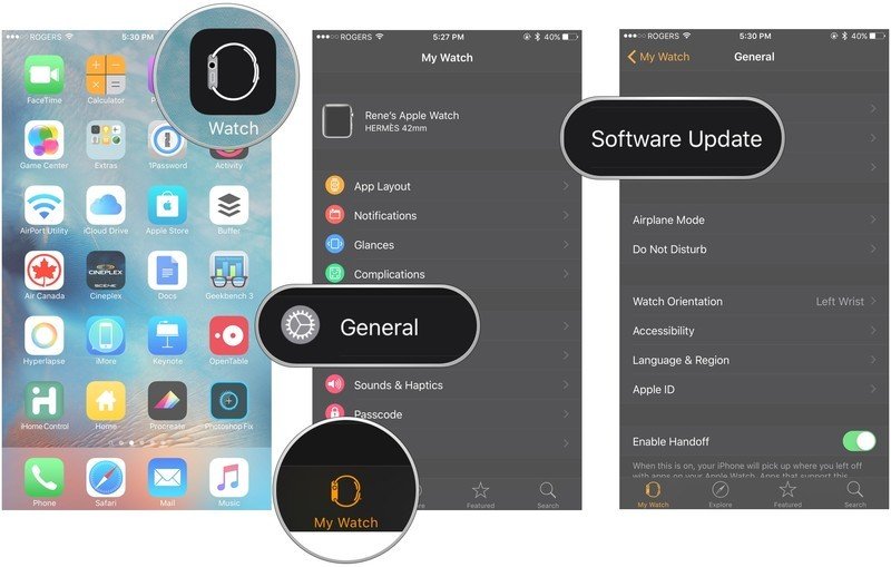 مراحل وارد شدن به قسمت Software Update در اپلیکیشن Apple Watch
