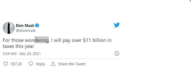 عکس توییت منتشر شده توسط ایلان ماسک در مورد مالیات 11 میلیارد دلاری‌اش