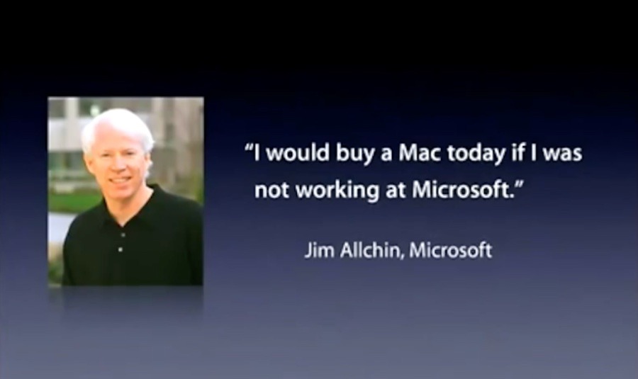 نشان دادن نقل قولی از جیم آلچین از تیم رهبری ارشد مایکروسافت در مورد خرید مک توسط استیو جابز