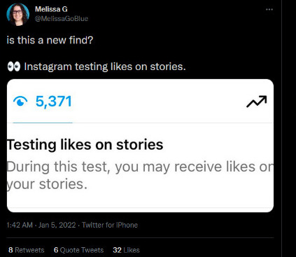 توییت منتشر شده از یک کاربر مبنی بر مورد آزمایش قرار گرفتن توسط اینستاگرام برای قابلیت لایک استوری