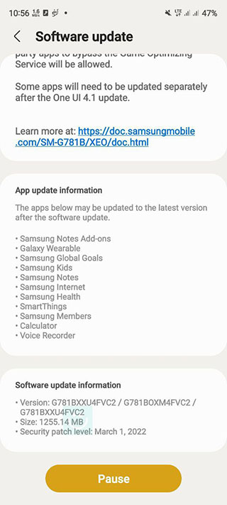 تصویر بروزرسانی One UI 4.1 برای Galaxy S20 FE 5G